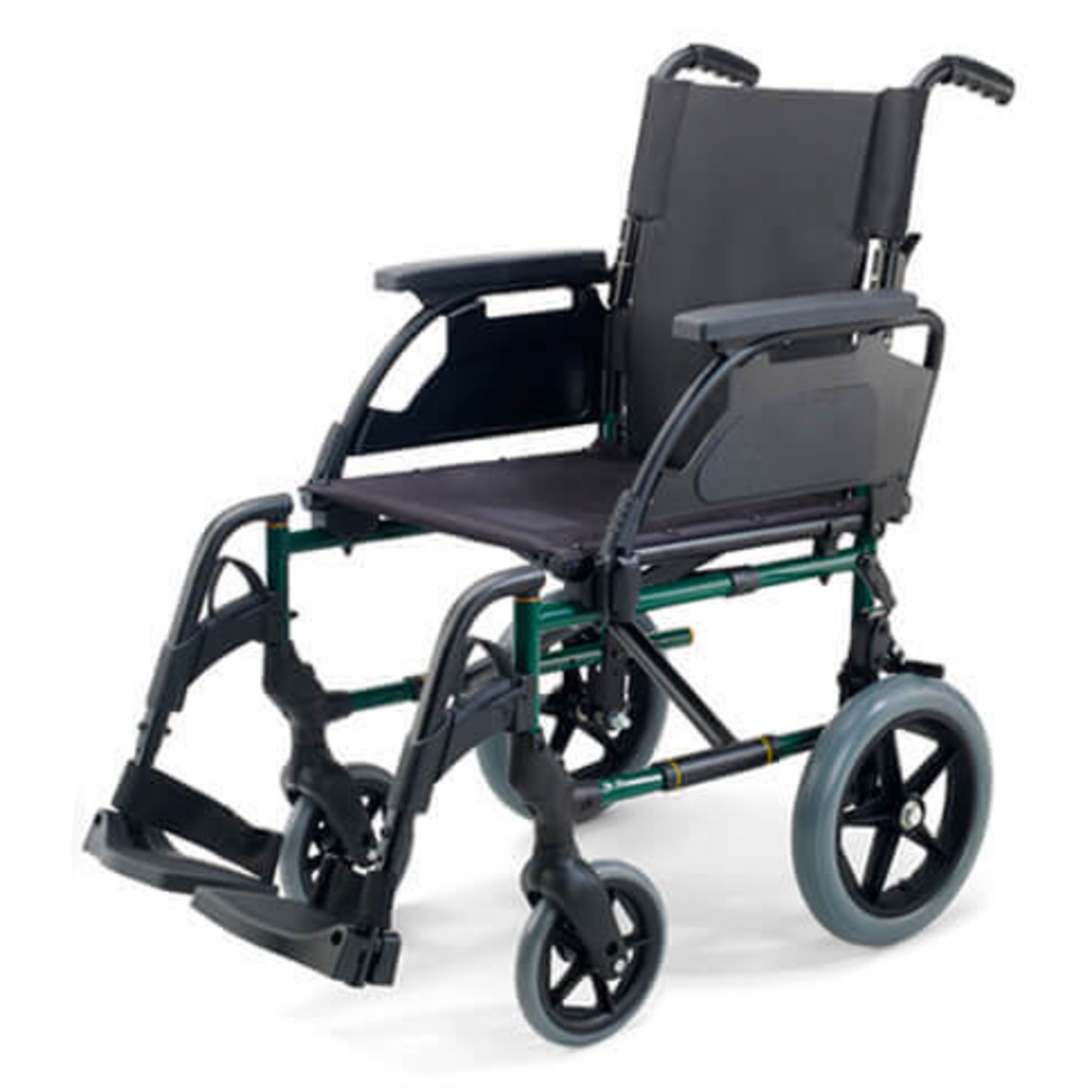 Silla de Ruedas Breezy Premium Rueda Pequeña en color verde, disponible en varias medidas de asiento, recomendada para usuarios que pesen hasta 125 kg