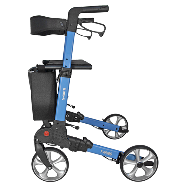 Andador Karibu Azul Imagen lateral con cesta y frenos de ruedas traseras.