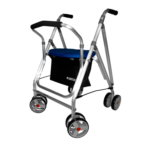Andador Kanguro HD con asiento en color azul, 4 ruedas, ruedas delanteras giratorias.