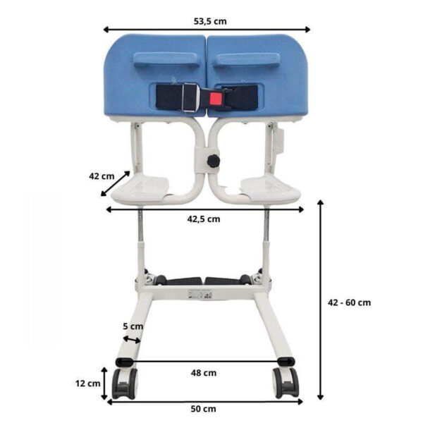 Medidas de la silla de baño y wc Moovy, para traslados de personas con movilidad reducida