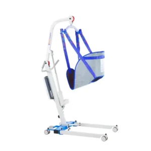 Grúa de traslado pacientes con arnés incluido, modelo Powerlift Mini 135. Para hacer transferencia de un sitio a otro de personas con movilidad reducida.